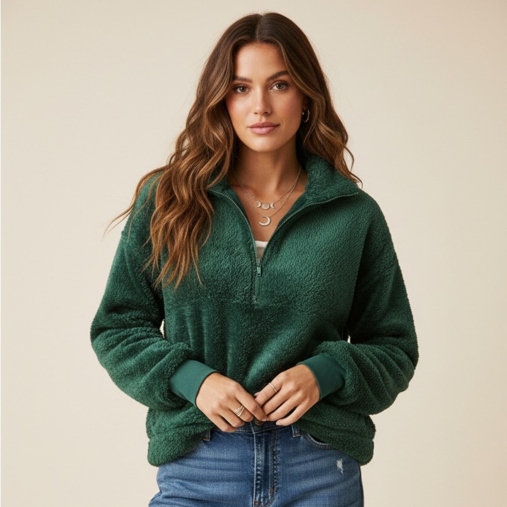LuLaRoe Nancy Half Zip Pullover with Side Pockets • Solid Botanical Garden Green